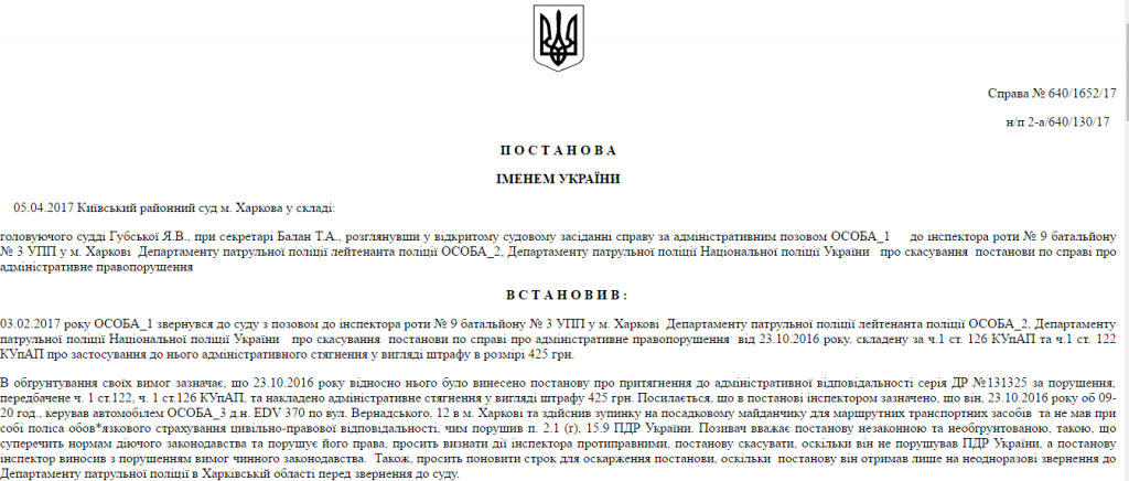 Отмненено Постановление полиции о привлечении к административной ответственности по ч. 1 ст. 122, ч. 1 ст. 126 КУоАП