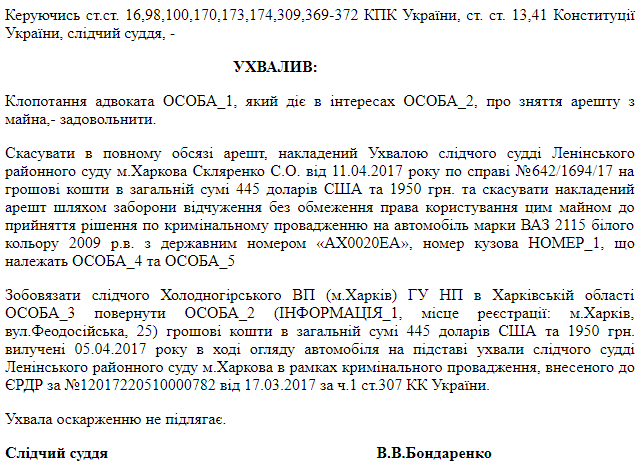 Отменен арест, наложенный в рамках уголовного производства